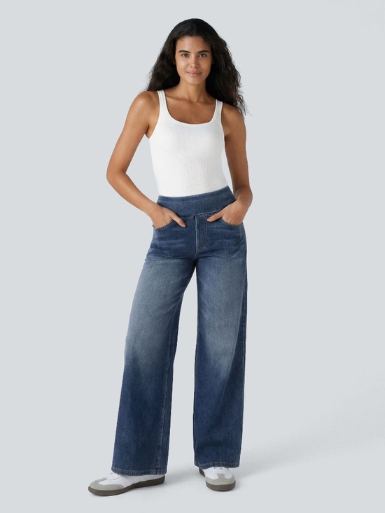 HALARA Denim - Halara Flex™ High Waisted Pockets Baggy Wide Leg Washed Casual Jeans Medium Tall